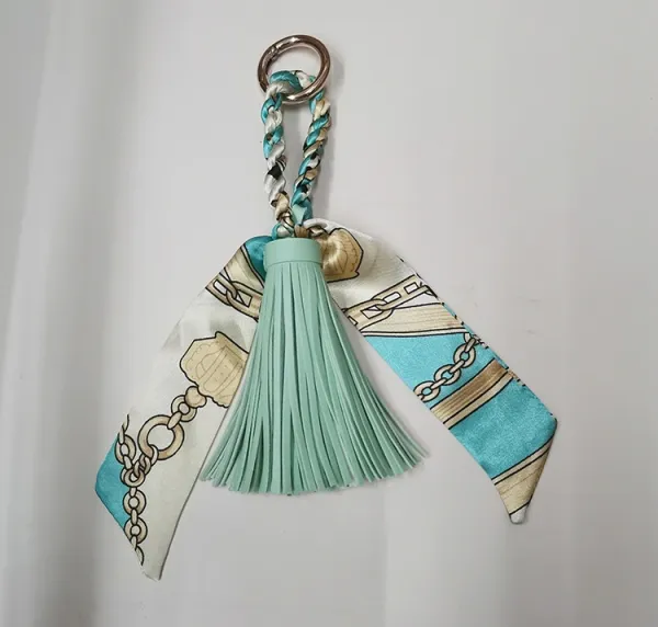 Design Silk Scarf Tassel Keychain Turquoise and Beige Accessories - 1