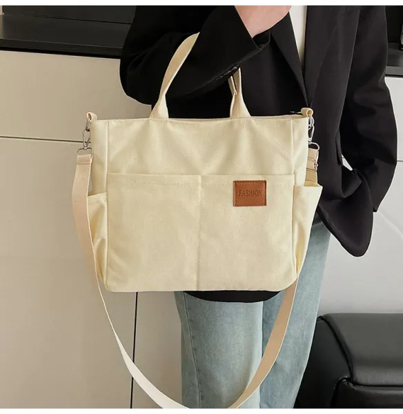 Design Canvas Tote Bag Beige Shoulder Handbag - 21