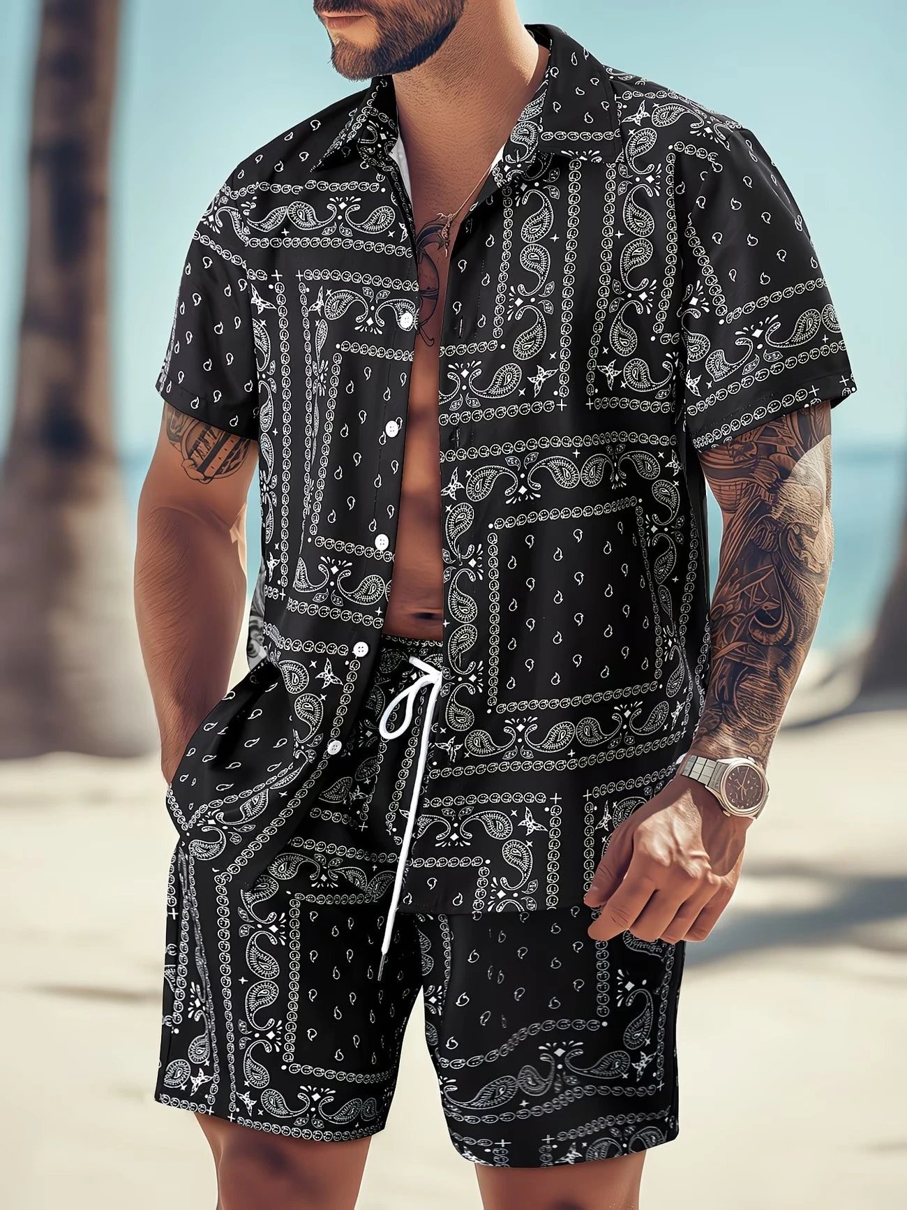 Design Tropical Print Button-Up Shirt and Lime Green Shorts Set - 6