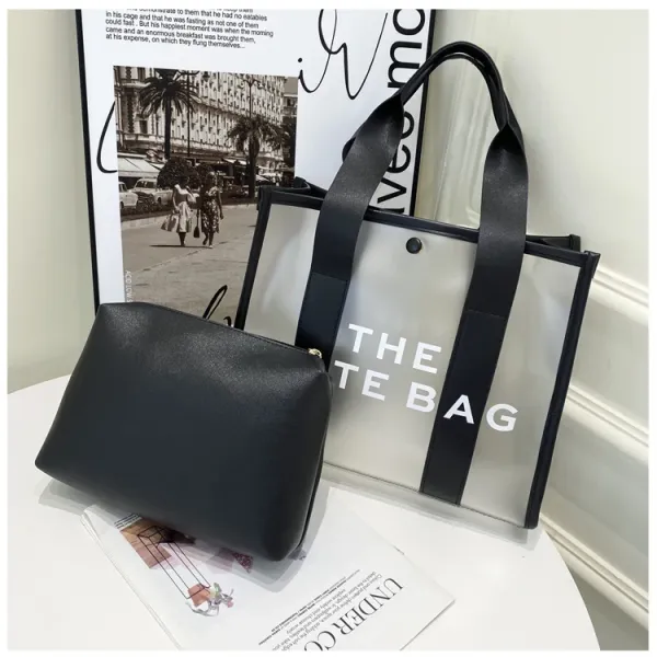 Design Transparent Tote Bag with Black Straps and 'THE TOTE BAG' Print Tote Bag - 36