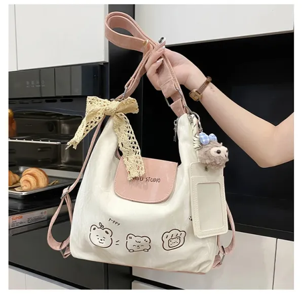 Design AIHITU STUDIO Cartoon Bear Print Silver Gray Hobo Bag - 36