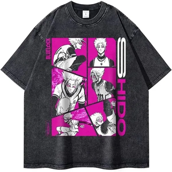 Design Blue Lock x Hido Graphic Print Acid Wash Denim T-Shirt T-Shirts - 1