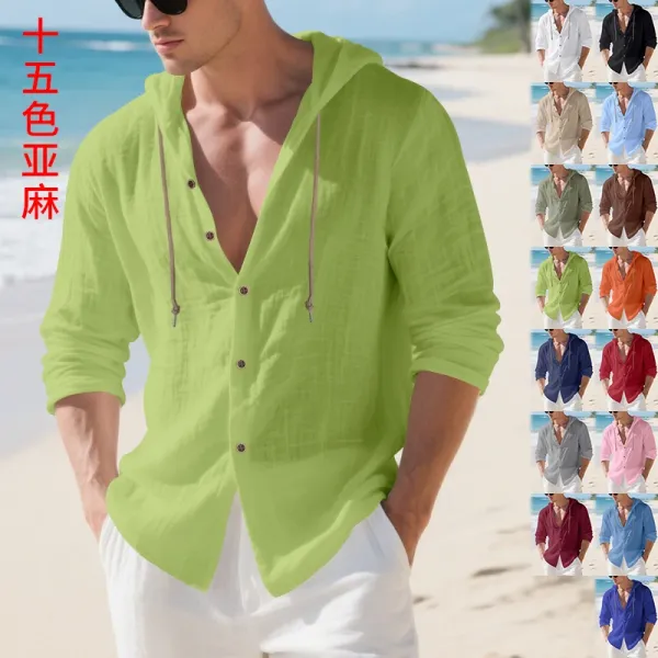 Design Hooded Linen Shirt Brown Men's Beachwear - 6
