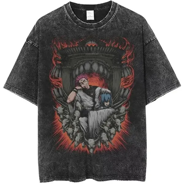 Design Anime Graphic Acid Wash Black T-Shirt - 1