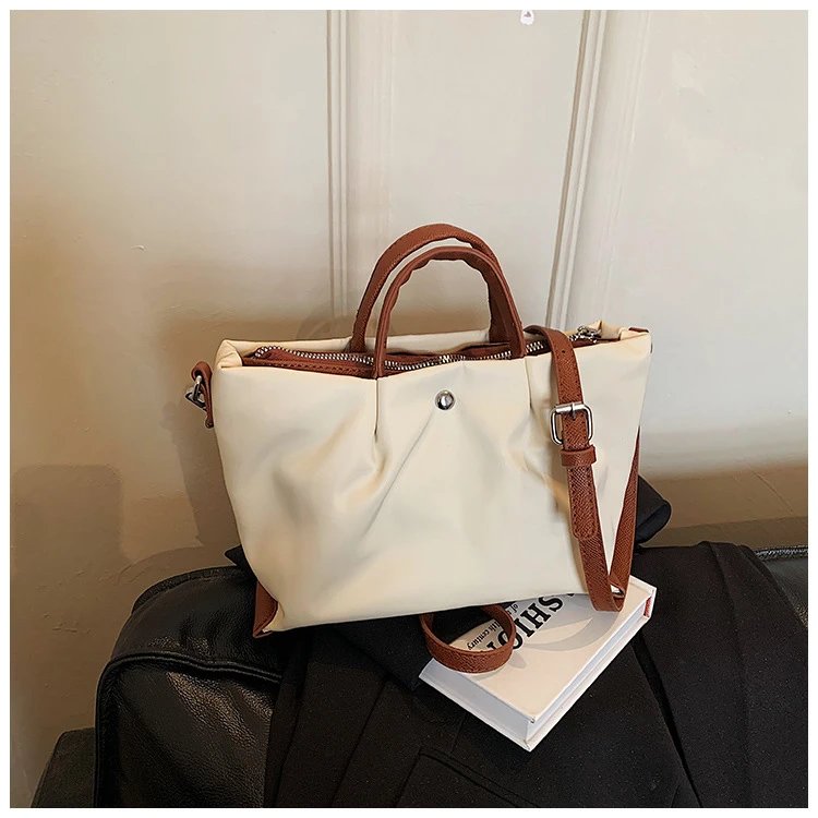 Design Tote Bag White with Brown Leather Handles - 7