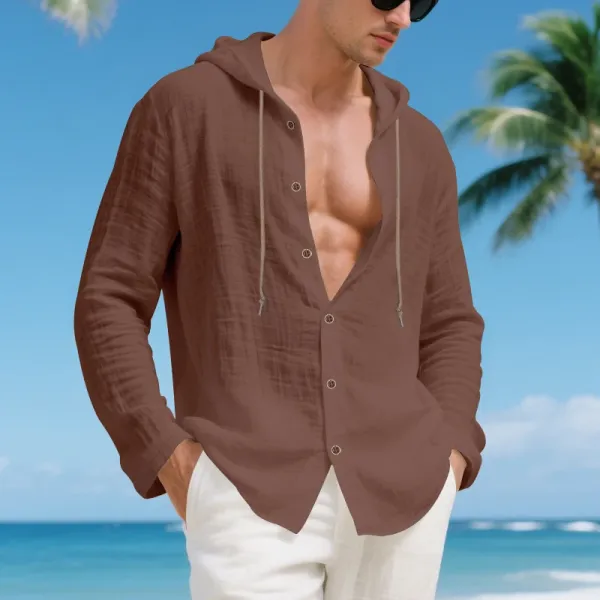 Design Hooded Linen Shirt Brown Men's Beachwear - 37