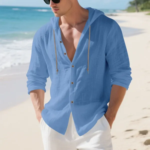 Design Hooded Linen Shirt Brown Men's Beachwear - 69