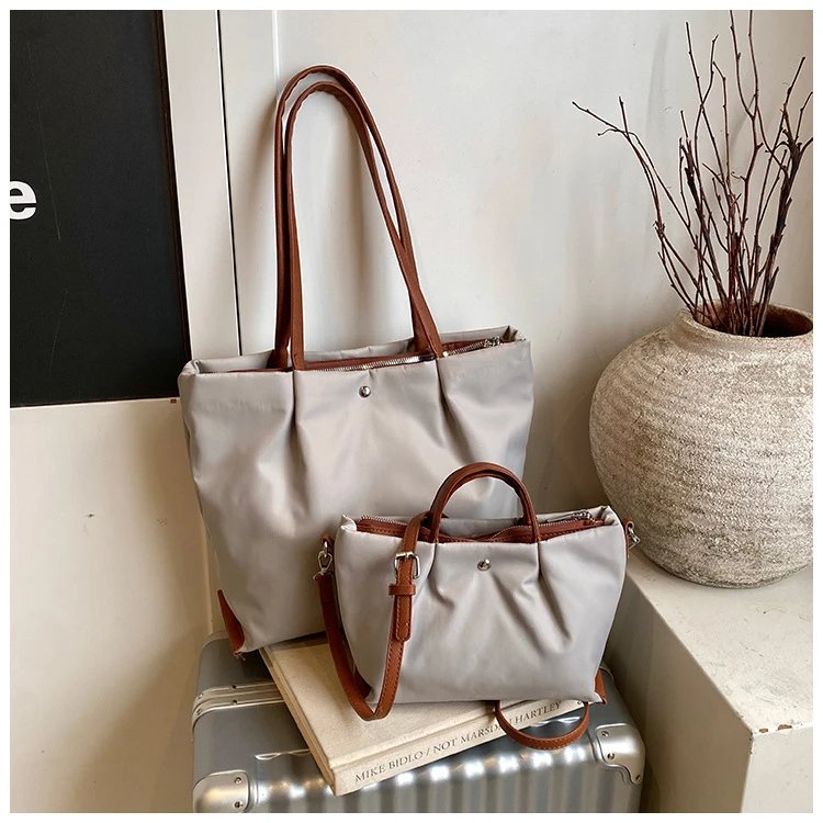 Design Tote Bag White with Brown Leather Handles - 20