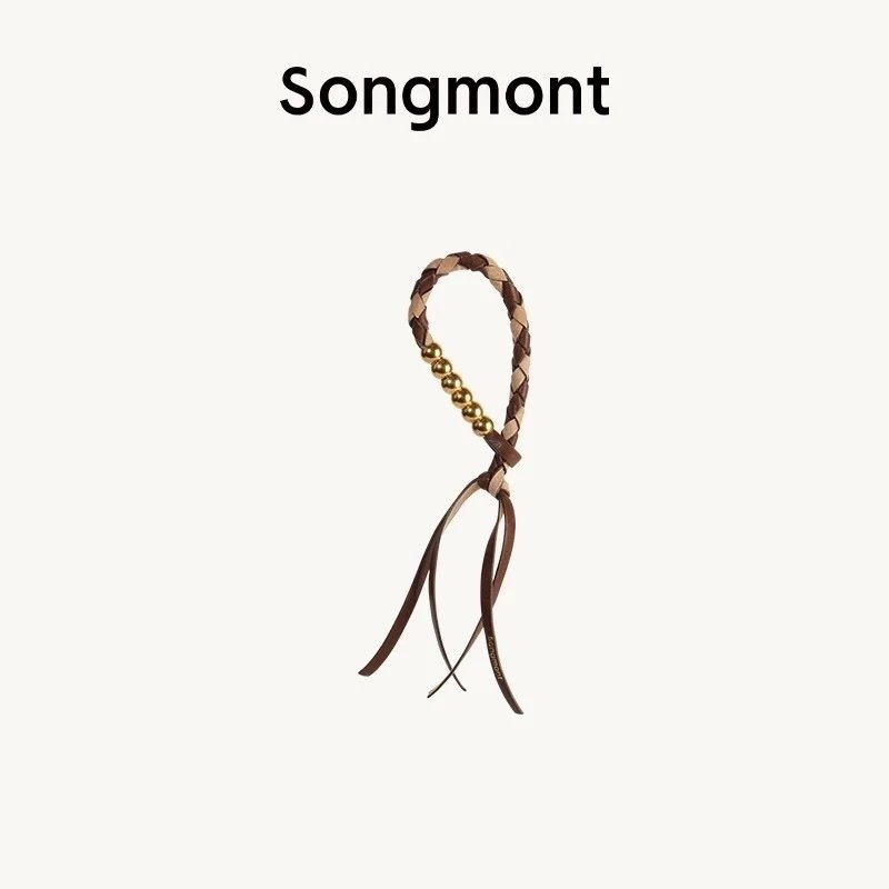 Design Songmont Braided Leather Hair Tie with Gold Beads Brown Accessories Jewelry