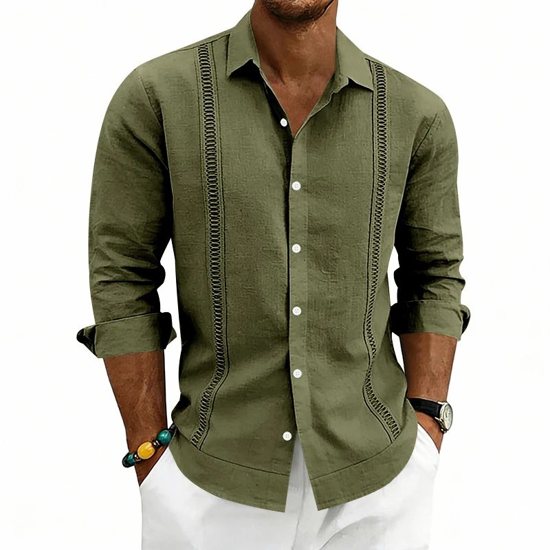 Design Guayabera-Style Shirt Army Green Shirt Tops Shirt - 9