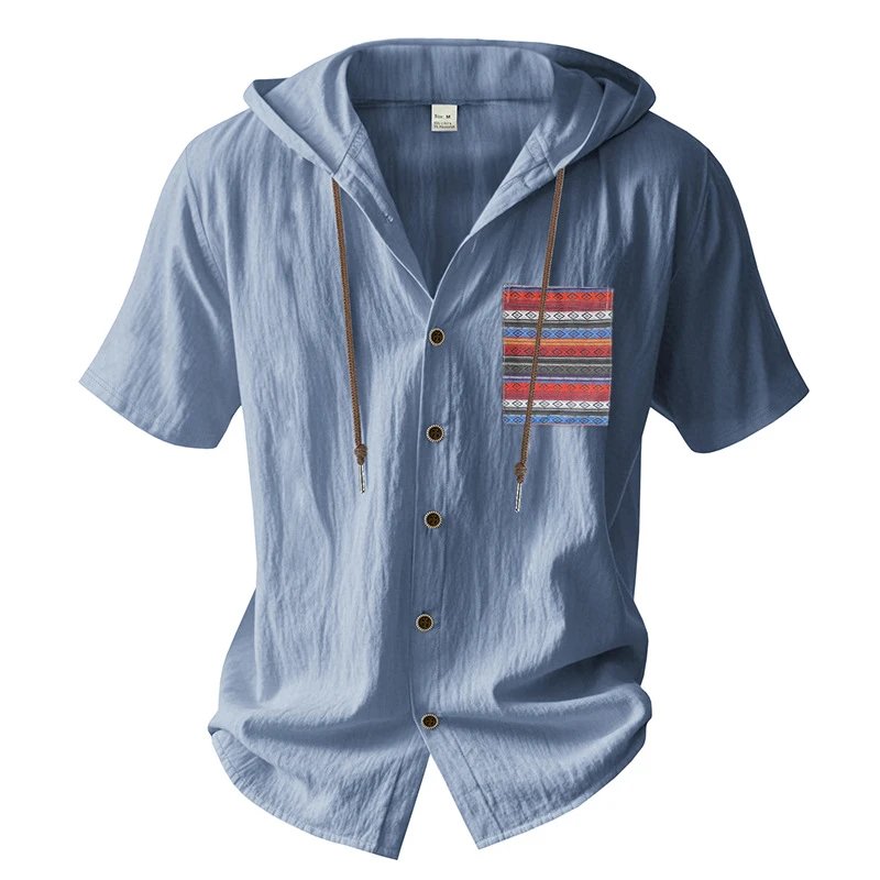 Design Hooded Button-Up Shirt Olive Green with Tribal Pocket Tops - 10