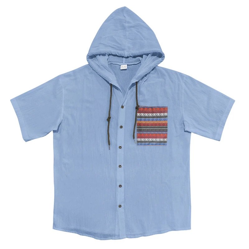 Design Hooded Button-Up Shirt Olive Green with Tribal Pocket Tops - 12