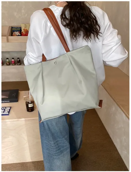 Design Tote Bag White with Brown Leather Handles - 31