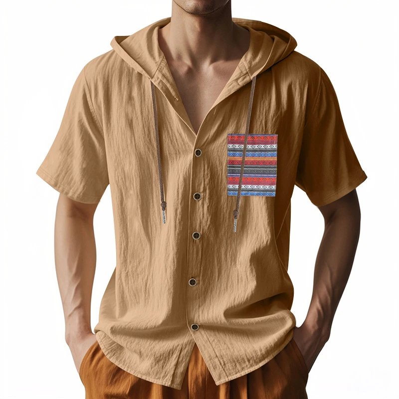 Design Hooded Button-Up Shirt Olive Green with Tribal Pocket Tops - 46