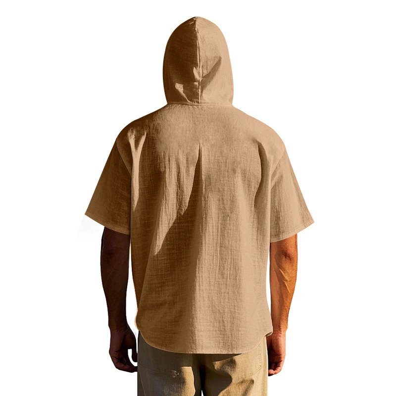 Design Hooded Button-Up Shirt Olive Green with Tribal Pocket Tops - 47