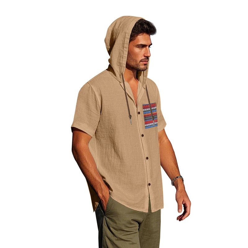 Design Hooded Button-Up Shirt Olive Green with Tribal Pocket Tops - 50