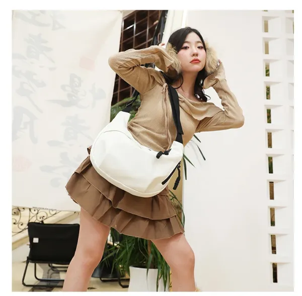 Design Canvas Hobo Bag Beige with Black Straps Shoulder Bag - 39