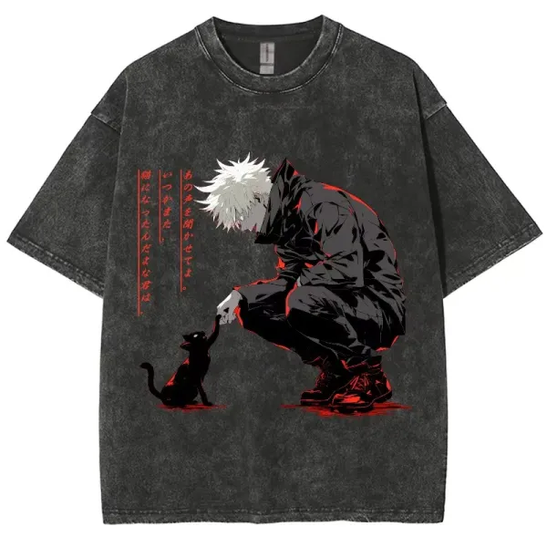 Design Jujutsu Kaisen Gojo Satoru Cat Illustration Washed Black T-Shirt - 1