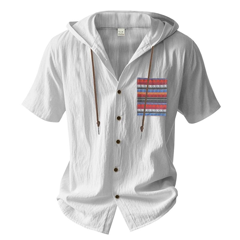 Design Hooded Button-Up Shirt Olive Green with Tribal Pocket Tops - 71