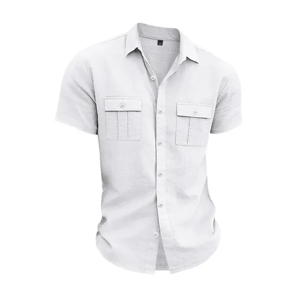 Design Short-Sleeve Linen Shirt Navy Blue Tops Shirt - 25