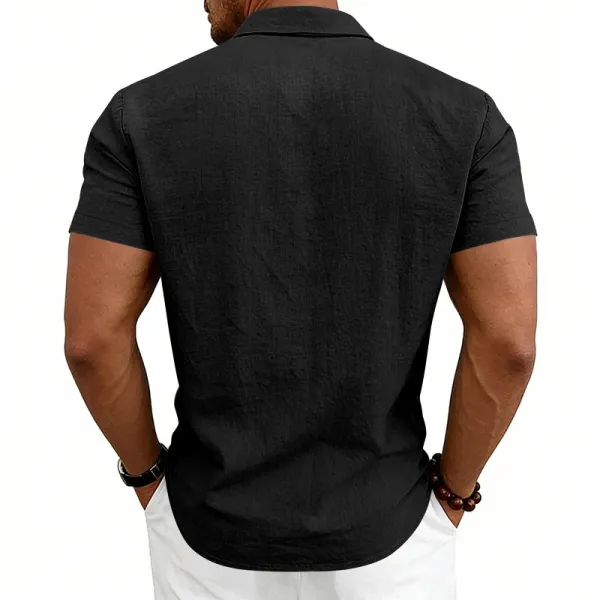Design Short-Sleeve Linen Shirt Navy Blue Tops Shirt - 30