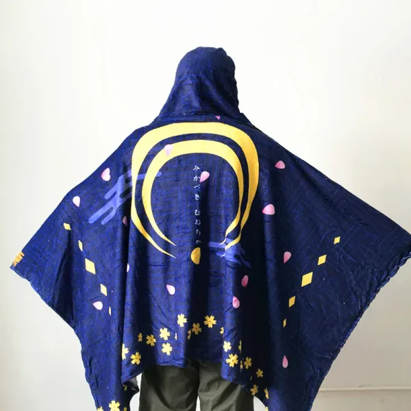 Design Hooded Towel Cape Navy Blue with Japanese Text and Geometric Print Hoodie - 11