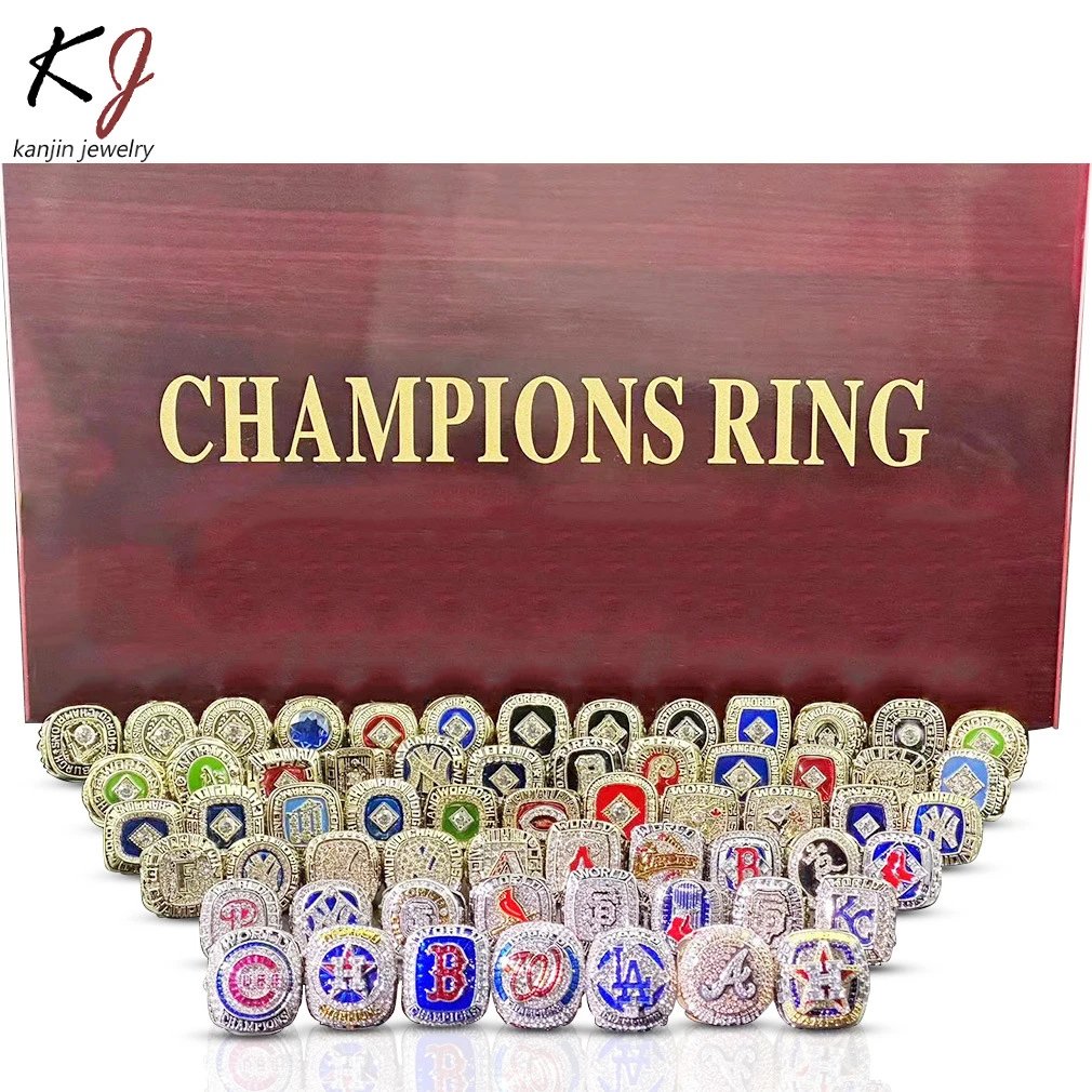 MLB Championship Rings Collection with World Series Trophy Replica in Display Case Jewelry - 8
