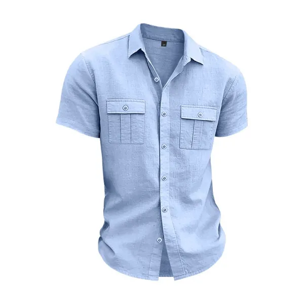 Design Short-Sleeve Linen Shirt Navy Blue Tops Shirt - 37