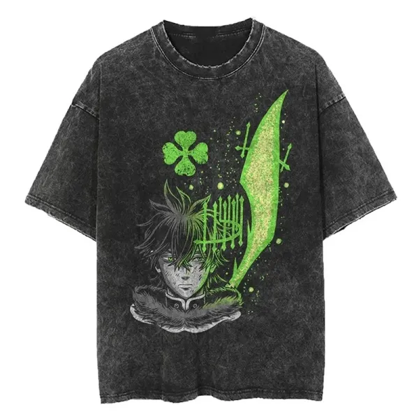 Design Black Acid Wash T-Shirt with Green Anime Graphic - 1