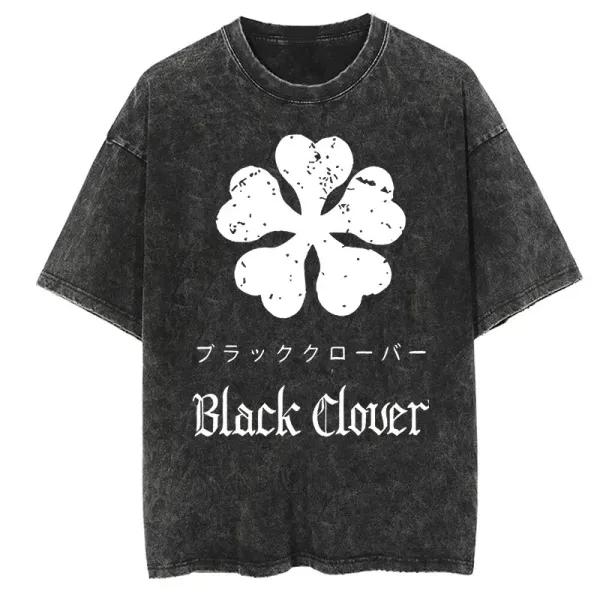 Design Black Clover Four-Leaf Clover Washed Black T-Shirt T-Shirts - 1