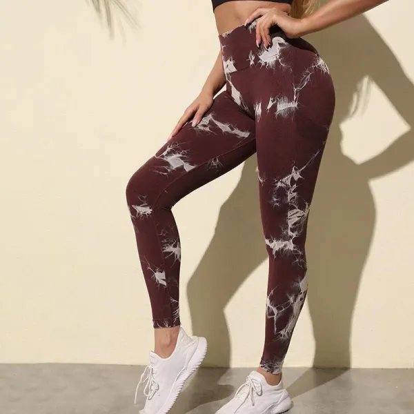 Design Tie-Dye Print High-Waist Leggings Burgundy Multicolor - 1