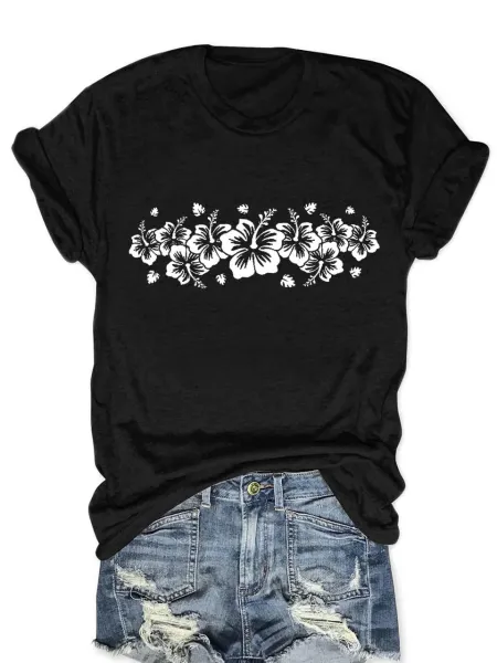 Design Hibiscus Floral Print Black T-Shirt - 1