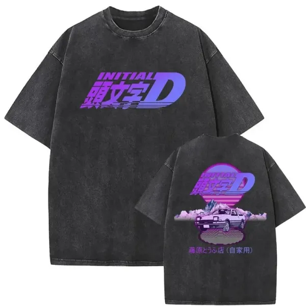 Design Initial D Graphic Print Washed Black T-Shirt T-Shirts - 1