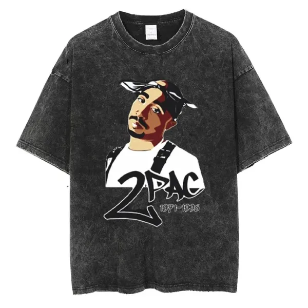 Design 2Pac Graphic Print Acid Wash Black T-Shirt T-Shirts - 1