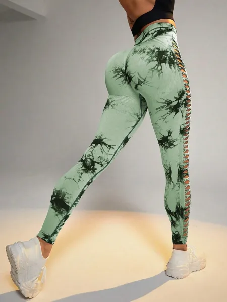 Design Tie-Dye Lace-Up Side Leggings Mint Green - 1