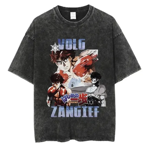 Design Hajime no Ippo x Volg Zangief Graphic Acid Wash T-Shirt - 1