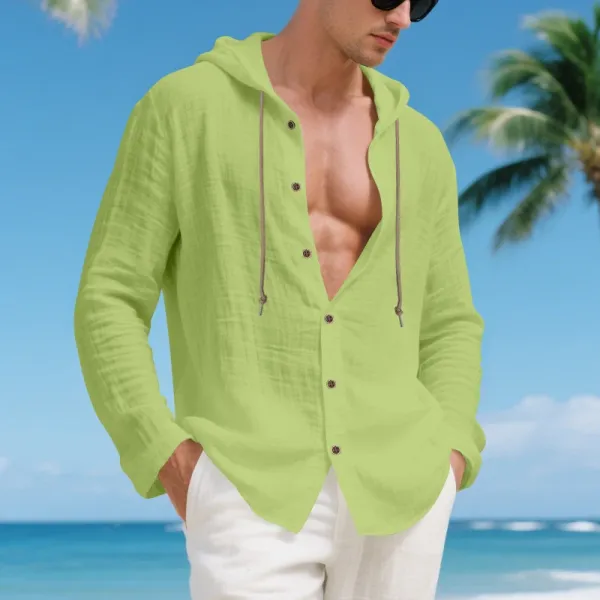 Design Hooded Linen Shirt Brown Men's Beachwear - 8
