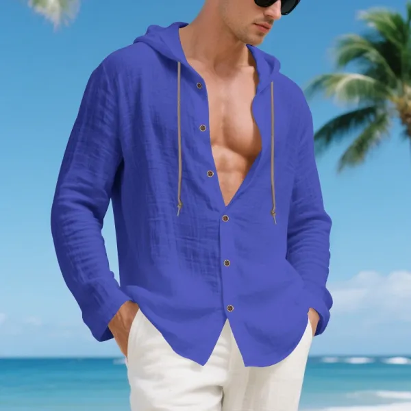 Design Hooded Linen Shirt Brown Men's Beachwear - 17