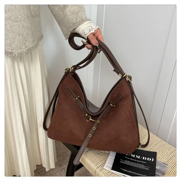 Design Suede Hobo Bag with Brown Leather Trim Black - 22