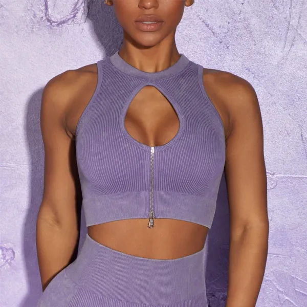 Design Ribbed Cut-Out Zip Front Crop Top in Purple Activewear - 1