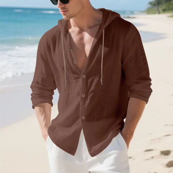 Design Hooded Linen Shirt Brown Men's Beachwear - 36