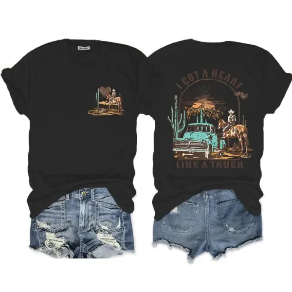 Design Western Graphic Print Black T-Shirt with Vintage Truck and Cowboy Motif - 1