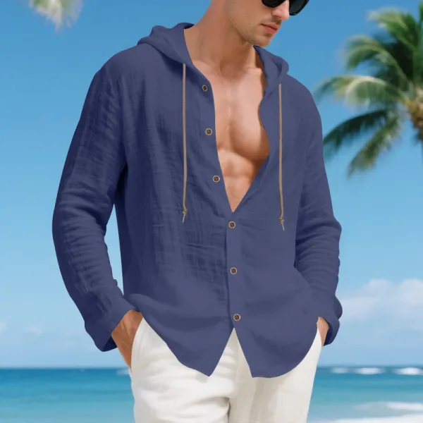 Design Hooded Linen Shirt Brown Men's Beachwear - 44