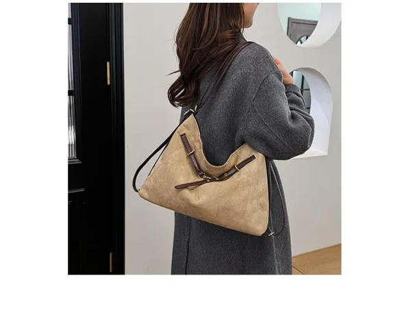 Design Suede Hobo Bag with Brown Leather Trim Black - 26