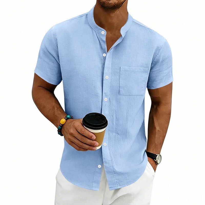 Design Mandarin Collar Short Sleeve Shirt Gray Tops Shirt - 18