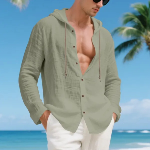 Design Hooded Linen Shirt Brown Men's Beachwear - 58
