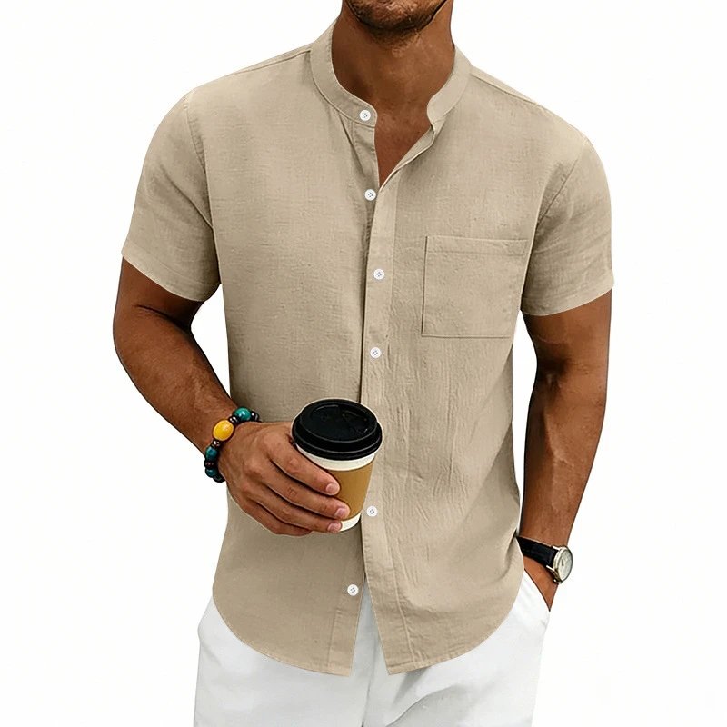 Design Mandarin Collar Short Sleeve Shirt Gray Tops Shirt - 24