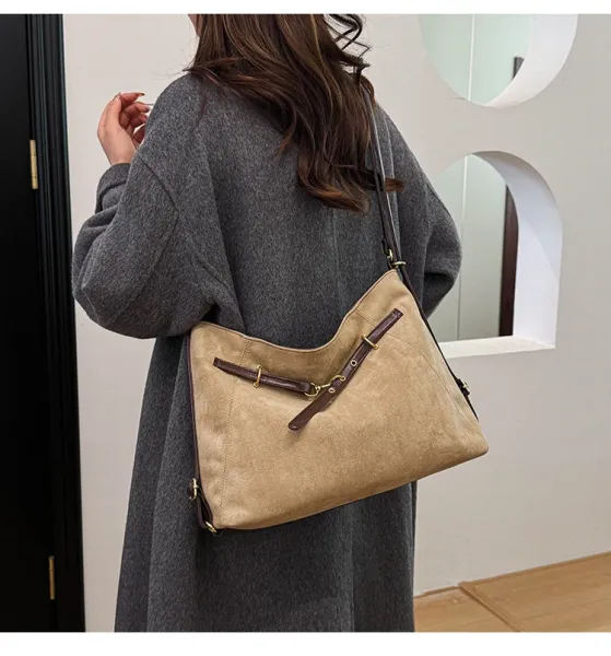 Design Suede Hobo Bag with Brown Leather Trim Black - 29
