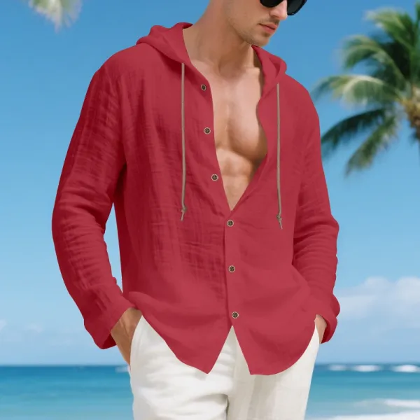 Design Hooded Linen Shirt Brown Men's Beachwear - 65
