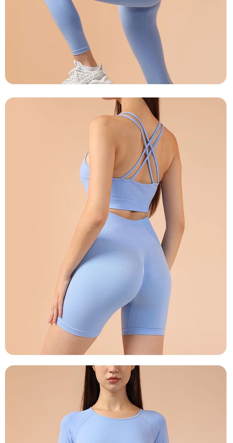 Design Purple Ribbed Halter Crop Top and High-Waisted Bike Shorts Set Activewear - 6